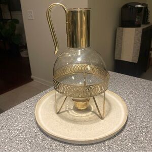 LARGE Vintage Glass Coffee Pot Carafe Brass Metal Heating Burner Stand Corning